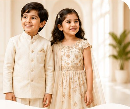 Boy and girl wearing luxurious festive ethnic outfits from MIMIC Kids Wear